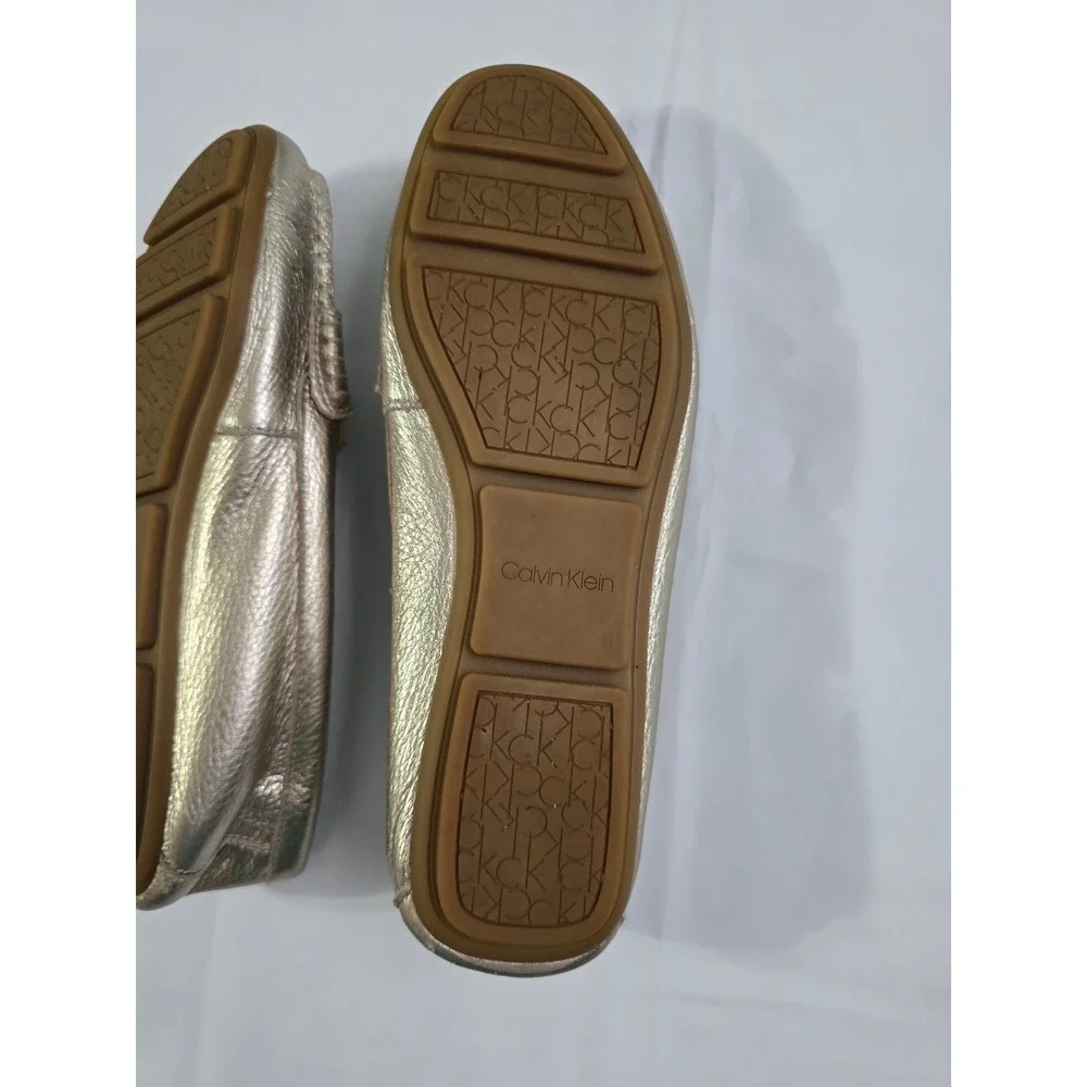 Calvin Klein Leta Metallic Gold Leather Loafers Driving Mocs Logo Hardware 8.5